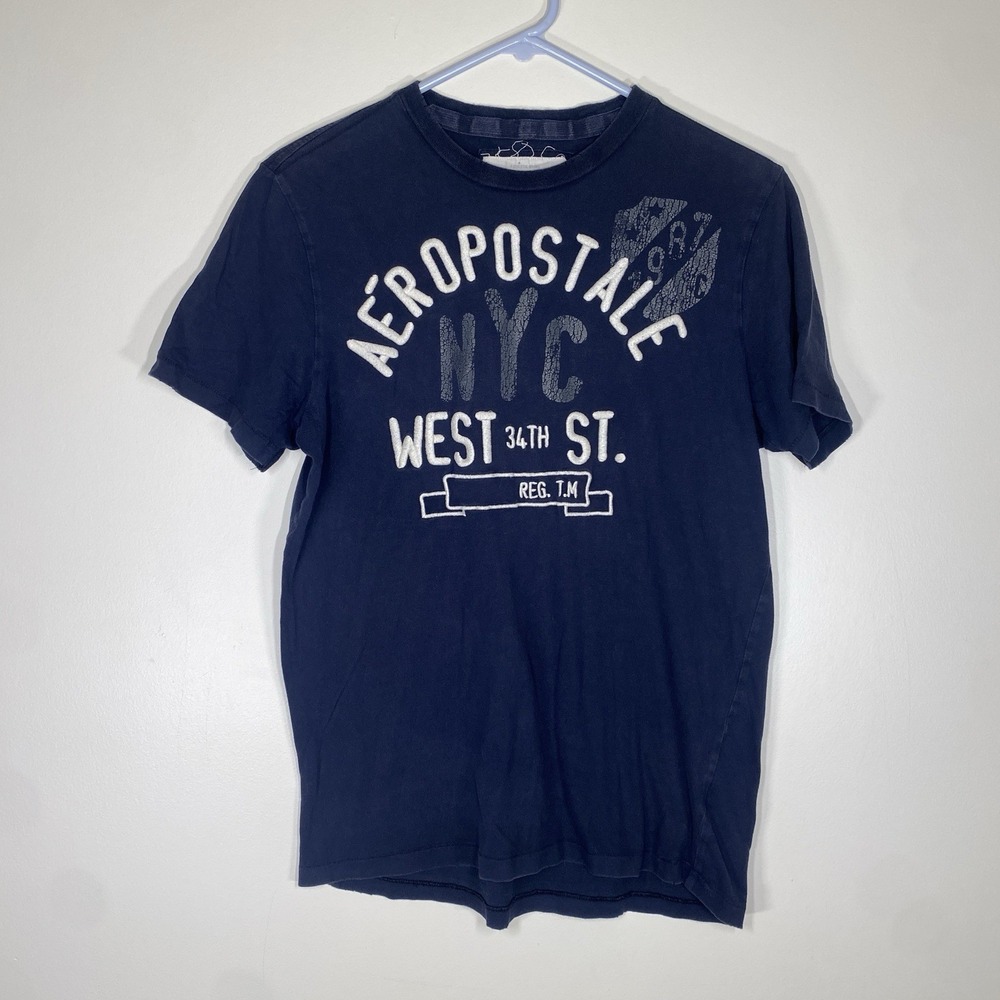 Vintage Y2K Aeropostale Embroidered Single Stitch Men's M Blue Cotton T-Shirt